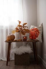 cozy autumn scene, autumn harvest in cozy setting, warm autumn interior with pumpkins, pillow, autumn leaves and candles on wooden bench. hallown consept.