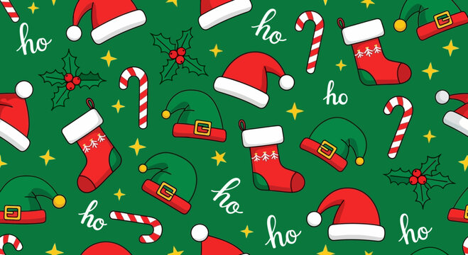 Vector illustration of vector art of christmas seamless pattern with santa hats, elf hats, stockings, candy canes, and holly on a green background with stars and ho ho ho text