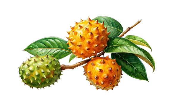 Kiwano melon close up on a branch with green leaves botanical painting