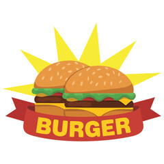 Ribbon wrapped hamburger logo design for fast food restaurant vector