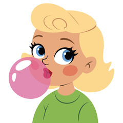 Young female character blowing colorful bubble gum isolated vector illustration