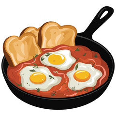 Traditional Turkish menemen eggs in pan breakfast vector illustration