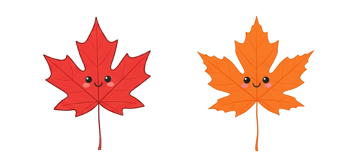 A set of cute kawaii maple leaf characters. A red and an orange cartoon autumn leaf with happy smiling faces. Vector illustration isolated on a white background, perfect for kids