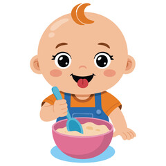 Baby boy eating breakfast cereal fruits vector