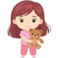 Little girl in pajamas holding teddy bear vector