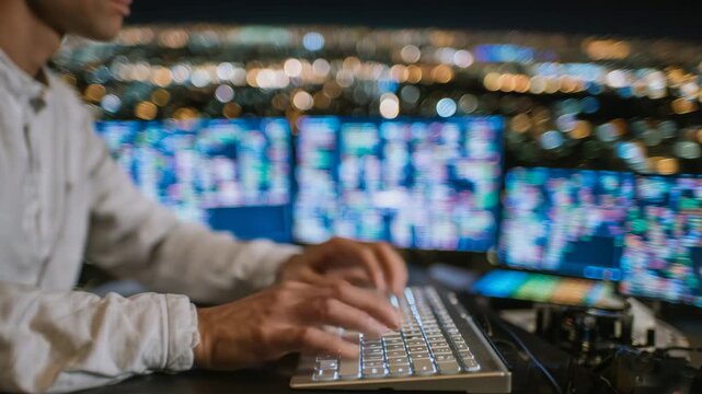 Low-angle shot of developer&rsquo;s hands typing, screen reader device lights glowing, blurred terminal in background showing test passes and failures