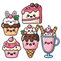 Kawaii sweet food icons smiling faces vector