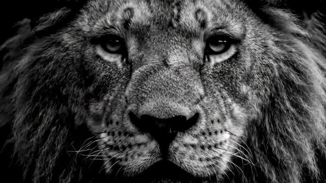 Majestic Lion Portrait in Black and White - This close-up shot captures the intense gaze and regal features of a lion in black and white.