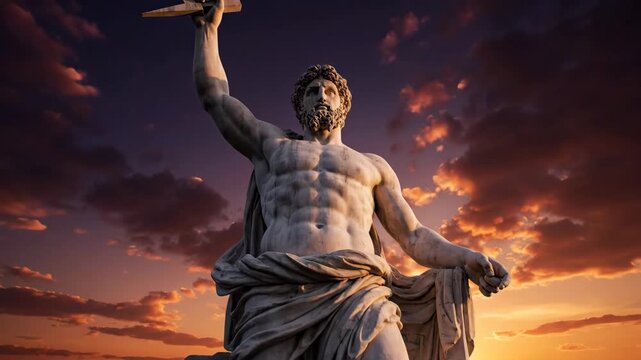 Zeus Statue Against Dramatic Sunset Sky - The video features a statue of the Greek god Zeus holding a lightning bolt aloft against a dramatic sunset sky.