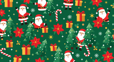 Vector illustration of vector art of festive christmas pattern with santa claus, decorated trees, poinsettias, and gift boxes on a green background