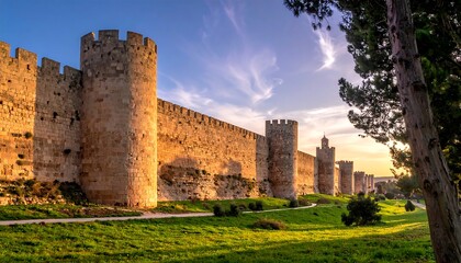 Ancient stone wall with towers under a blue, cloud-streaked sky, viewed from a grassy field with trees