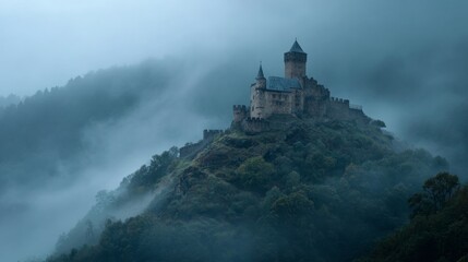 Naklejka premium ancient castle on a foggy hill
