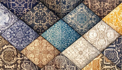 Array of decorative tiles with geometric and floral patterns in various hues, arranged diagonally, providing textured effect