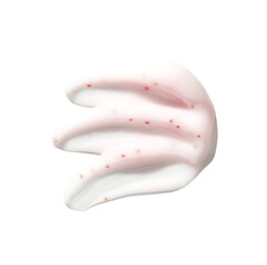 Pink and white exfoliating cream texture with red exfoliant beads on white background.