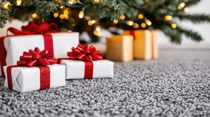 Wrapped gifts adorned with red ribbons rest beneath a twinkling Christmas tree, creating a cozy atmosphere in a softly lit living room on a festive evening