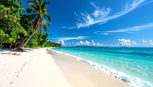 Escape to a breathtaking tropical paradise where pristine white sands meet crystal-clear turquoise waters, offering a truly serene getaway under a vibrant blue sky