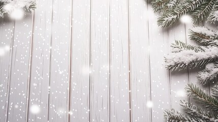 A peaceful Christmas setting featuring a white wooden texture with pine branches and ornaments on the side, perfect for adding your personalized holiday message