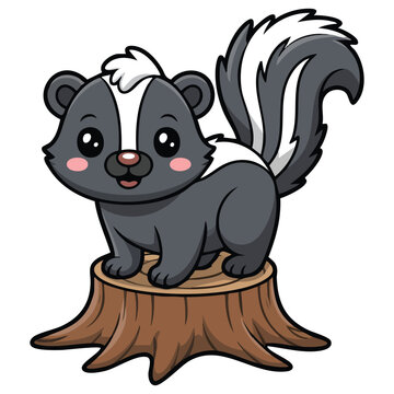 Cute skunk on stump with mushrooms