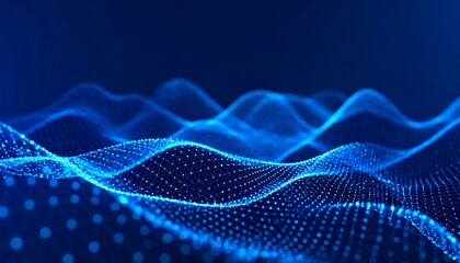 Digital wave mesh of glowing blue dots and lines on dark background, symbolizing data flow.