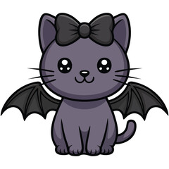 Gothic black cat with bat wings isolated vector illustration on white background
