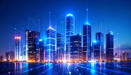 Fototapeta premium Futuristic smart city at night with glowing blue skyscrapers and digital vertical light streams.
