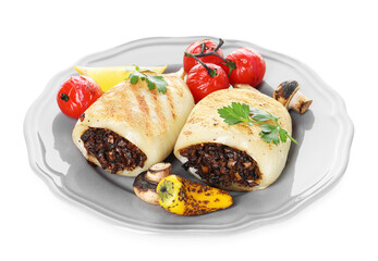 Pieces of tasty grilled squid stuffed with mushrooms, parsley and vegetables isolated on white