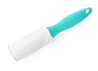 One lint roller with used sticky tape isolated on white, top view