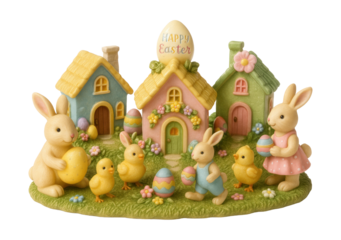 Resin Easter village with bunnies and chicks, perfect for a coffee table centerpiece.