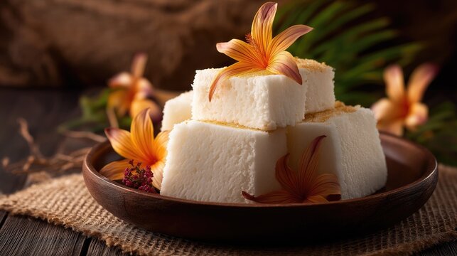 Goan bebinca dessert, soft lighting, tropical wooden background