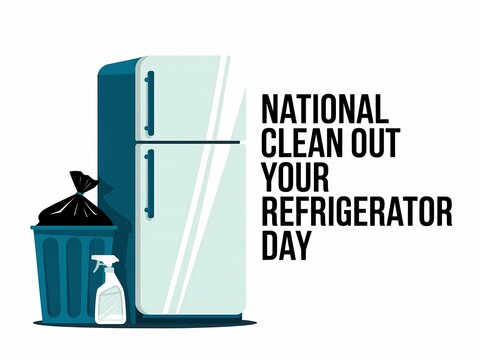 Illustration for national clean out your refrigerator day showing a refrigerator trash can and cleaning spray bottle