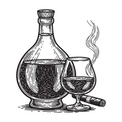 Cognac Bottle, Snifter Glass, and Smoking Cigar