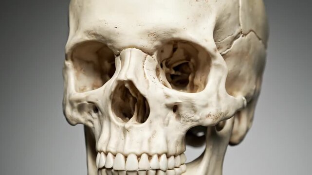 Human Skull Close-Up - A close-up shot of a human skull is captured in a well-lit studio setting. The skull, showcasing intricate bone structures, presents a stark yet detailed view of human anatomy.