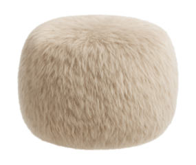 A neutral faux fur pouf that adds warmth and texture to a stylish city bedroom.