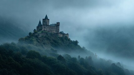 Obraz premium ancient castle on a foggy hill