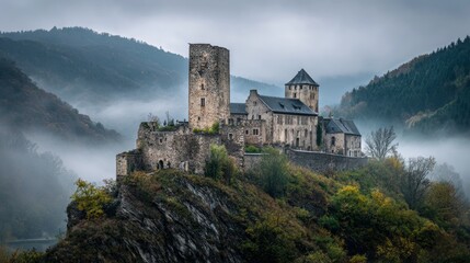 Naklejka premium ancient castle on a foggy hill