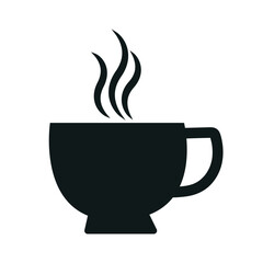 A minimalist black silhouette of a cup with steam rising, representing a hot beverage like coffee or tea.