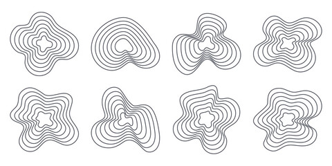Curvy concentric lines. Abstract topographic shapes or woodcut textures. Ripple, pulse or signal forms. Organic circular waves. Editable stroke. Vector design elements. Isolated on white background.