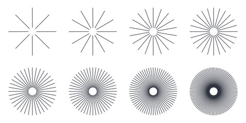 Vector line sunburst icons. Abstract radial rays, concentric star beams and circular explosion shapes. Editable stroke set, black outline symbols, isolated on white. Minimal graphic style elements.