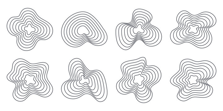 Curvy concentric lines. Abstract topographic shapes or woodcut textures. Ripple, pulse or signal forms. Organic circular waves. Editable stroke. Vector design elements. Isolated on white background.
