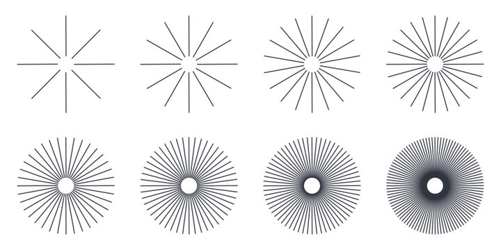 Vector line sunburst icons. Abstract radial rays, concentric star beams and circular explosion shapes. Editable stroke set, black outline symbols, isolated on white. Minimal graphic style elements.