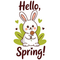 Spring bunny with seasonal flowers isolated vector illustration on white background