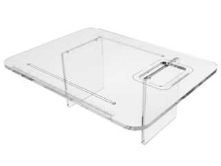 Clear acrylic bookbinding cradle tool with measurement guides on a transparent background