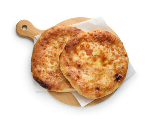 Two delicious Megrelian khachapuris isolated on white, top view