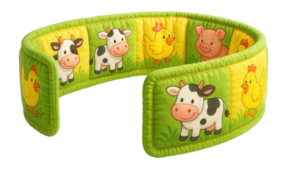 Green and yellow padded crib bumper featuring playful farm animal designs.