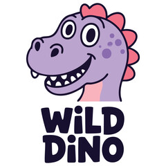 Wild dino lettering with purple dinosaur isolated vector illustration on white background