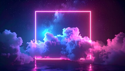 A glowing neon square frames fluffy clouds against a starry, colorful backdrop.