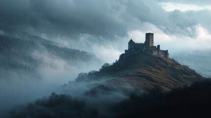 Obraz premium ancient castle on a foggy hill