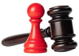 A red pawn piece and a wooden gavel symbolize strategy and justice in a contrasting arrangement.