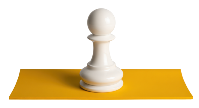 A white chess pawn stands on a bright yellow surface, symbolizing strategy and gameplay in chess.