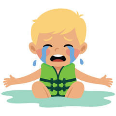 Child drowning in water with vest isolated vector illustration on white background